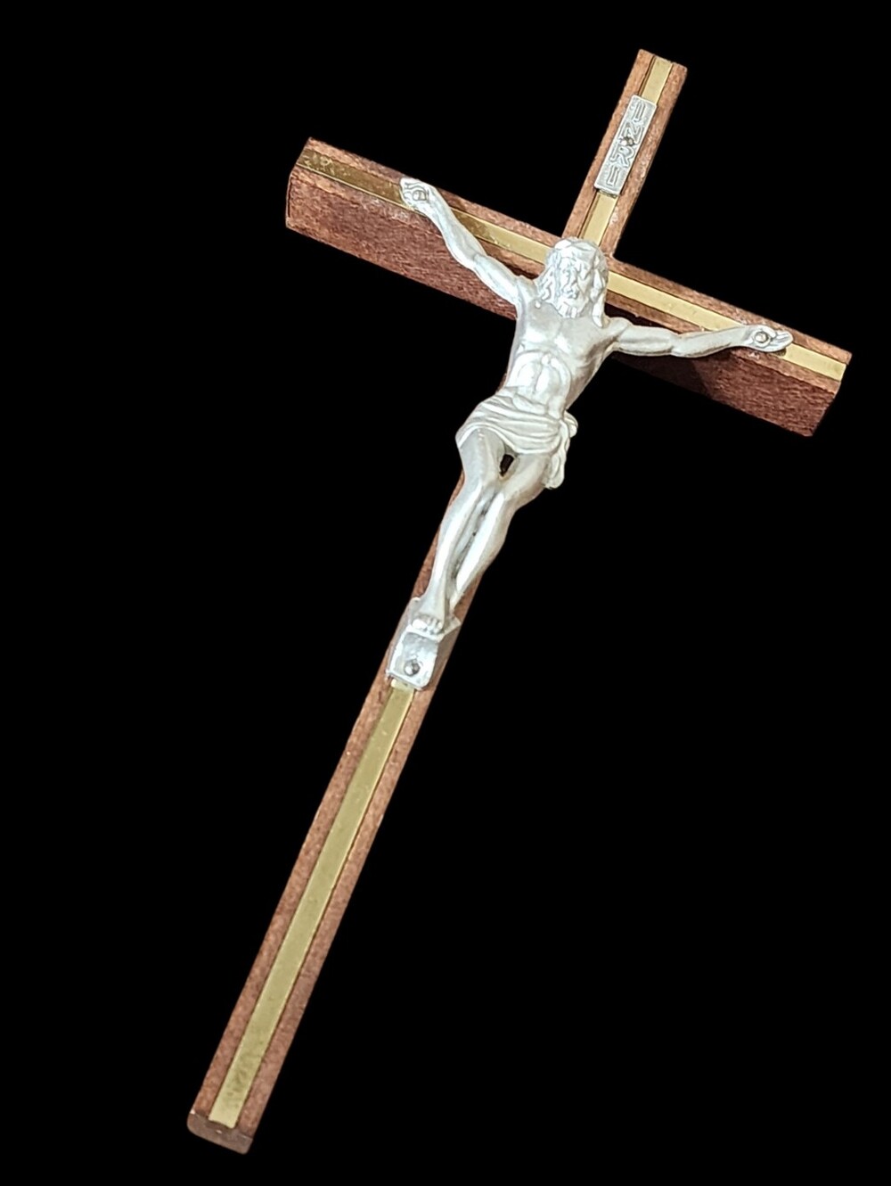Vintage Crucifix INRI Wood Cross Metal Jesus 9.75” X 4.75” Wall Hanger Religious
